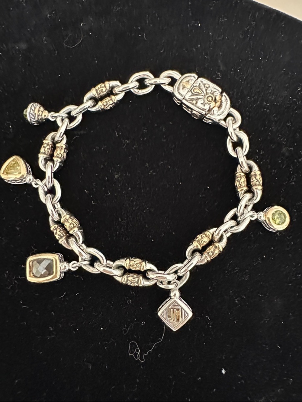 John Medeiros Two-Tone Silver and Gold Charm Bracelet with Gem Accents